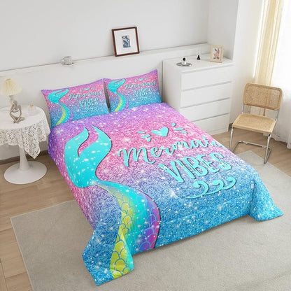 Girls Mermaid Tail Comforter Set Queen Kawaii Coastal Fish Scales Bedding Set Glitter Star Galaxy Comforter Blue Pink Pastel Ombre Set Princess Bed Set Ocean Animal Quilt Duvet 2 Pillowcases Teal