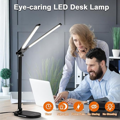 Doule Head Desk Lamp, Dimmable Desk Light, Adjustable Reading Lamps, Eye-Caring Table Lamp, Multi-Angle Adjustable and Foldabel Design Table Lamp - Black