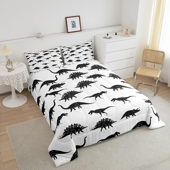 Erosebridal Dinosaur Down Comforter Dino Silhouettes Bedding Set King Size, Wildlife Animals Black White Comforter Sets for Kids Boys Teens Adult Bedroom, Dinosaurs Comforter with 2 Pillow Cases
