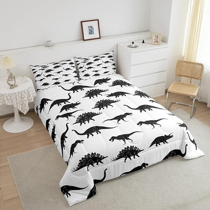 Erosebridal Dinosaur Down Comforter Dino Silhouettes Bedding Set King Size, Wildlife Animals Black White Comforter Sets for Kids Boys Teens Adult Bedroom, Dinosaurs Comforter with 2 Pillow Cases