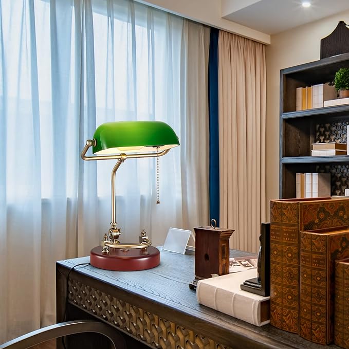 Green Bankers Desk lamp for Home Office Vintage Desk Retro lamp Workplace Lighting Piano Light Bedside lamp Pull Rope Switch，Glass lampshade，UL Certified lamp Holder, Wire