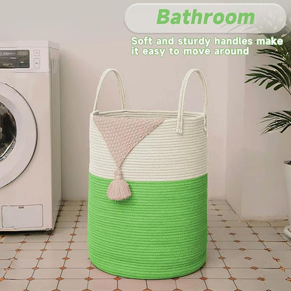 Large Woven Laundry Basket Hamper,80L Cotton Rope Storage Bin for Blankets,Toys and Clothes,Decorative Tall Nursery Hamper for Living Room,Baby Nursery,Bathroom and Bedroom,Light Green
