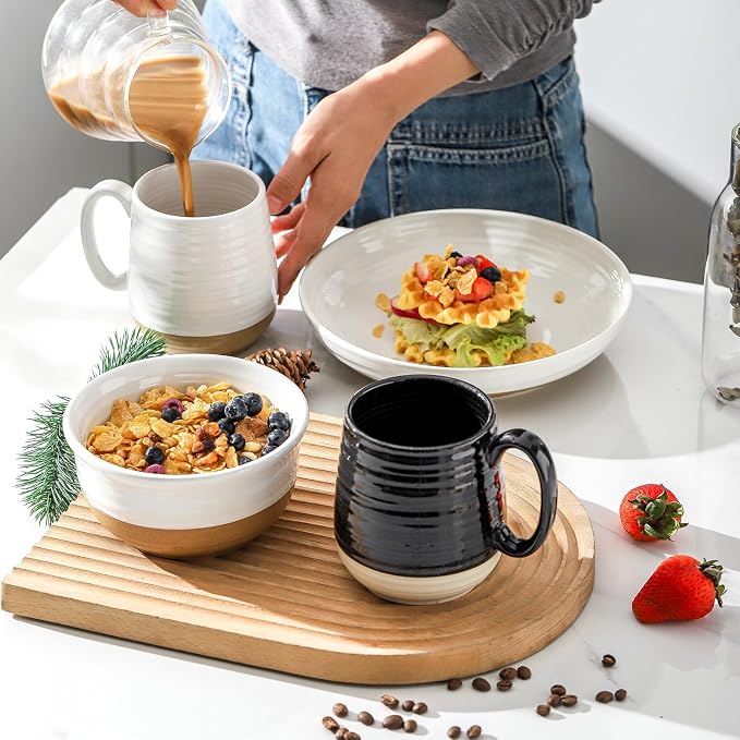 HASENSE 20 oz Coffee Mugs, Large Mugs with Handle Set of 2, Stoneware Coffee Cups for Mom Dad Friend, Prefect for Latta, Tea, Coffee, Dishwasher and Microwave Safe, White & Black