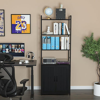 BLack Bookshelf with Doors,70" Tall Bookcase with Storage Cabinet,6 Tier Book Shelf for Living Room/Bedroom/Office/Kitchen,70"(H)*26"(L)*11.8"(W)