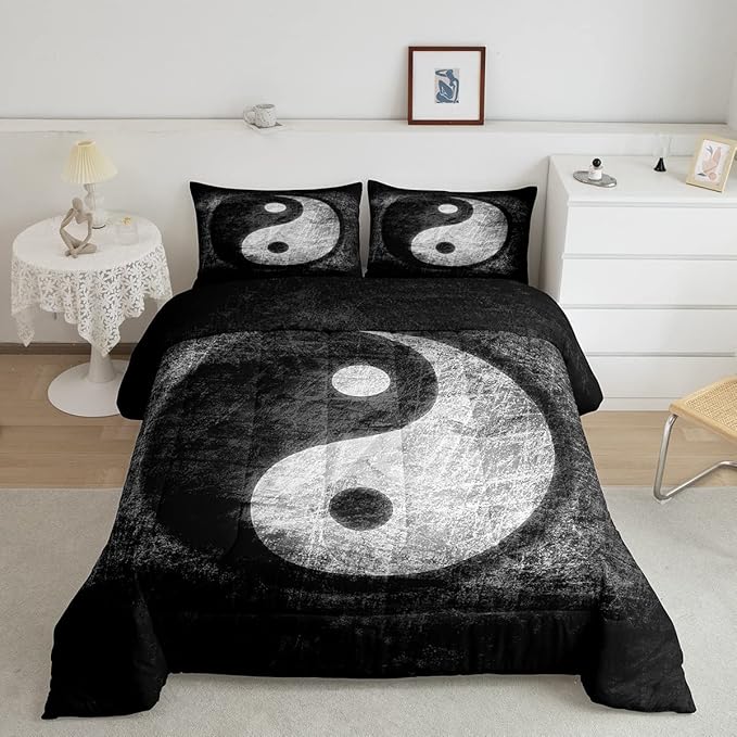 Yin Yang Bedding Set for Girls Boys Children Boho Trippy Psychedelic Art Comforter Set Decorative Gossip Pattern Comforter Traditional Ying Yang Theme Duvet Set Full Size 3Pcs