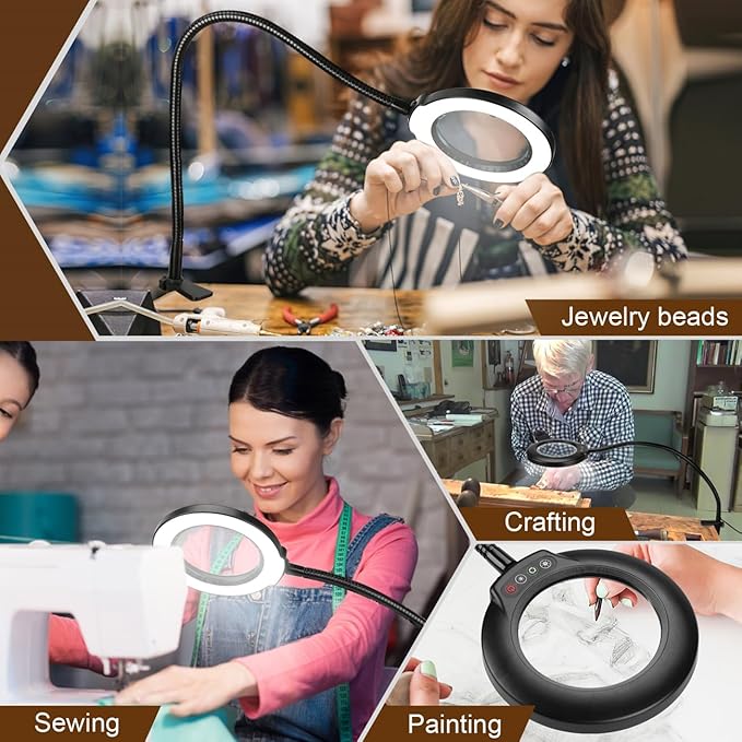 VEEMAGNI 10X Magnifying Glass with Light and Clamp, 23" Gooseneck 5 Color Modes Stepless Dimmable LED Desk Lamp, Real Glass Table Lighted Magnifier Hands Free for Craft Painting Sewing Close Work