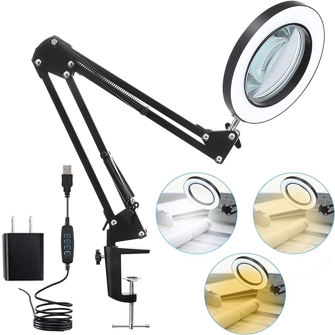LED Magnifying Lamp with Clamp, 10X Real Glass Lens, 3 Color Modes and Stepless Dimmable Magnifier Desk Lamp,Adjustable Swivel Arm Lighted Magnifying Glass for Repair Craft Close Work-Black