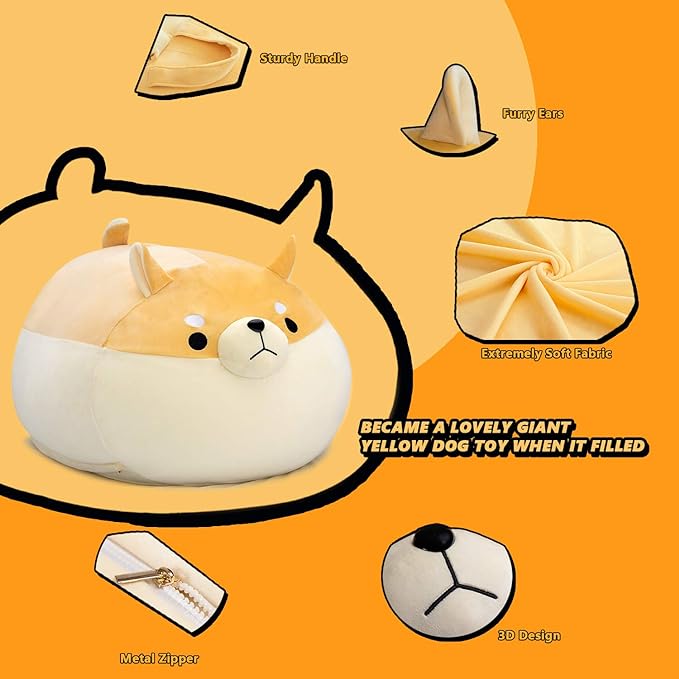Stuffed Animal Storage Bean Bag Chair Cover for Kids Yellow Dog Shiba Inu Bean Bag Chair for Girls XX-Large Size Toy Organizer Cover Only Without Filling
