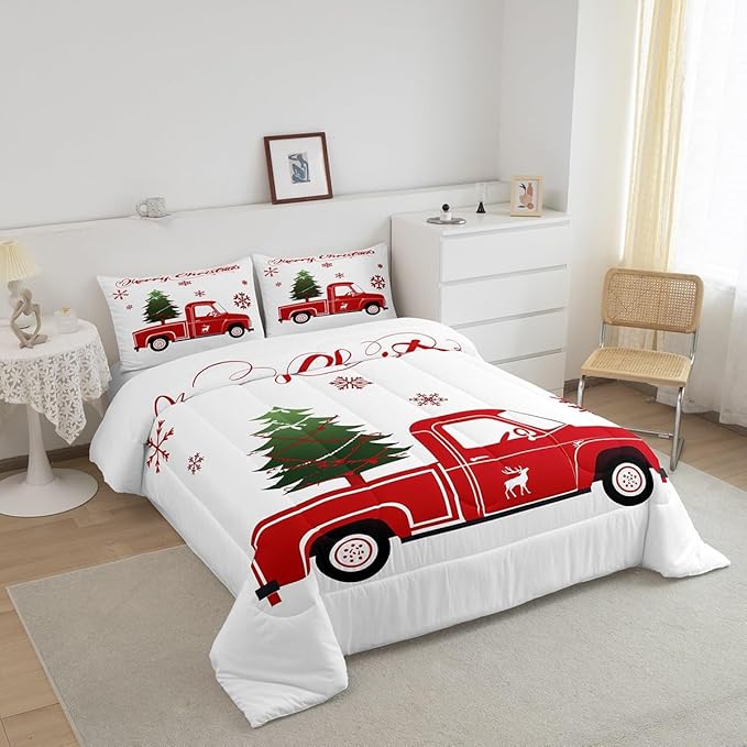 Christmas Truck Bedding Set King Size Christmas Tree Comforter Set Boys Girls Red Xmas Gift Snowflakes Bedding Comforter Sets for Teens Bedroom Decor Elk Deer Christmas Decorations Quilt Duvet Set