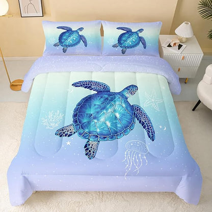 Turtle Comforter Full Size,Ocean Comforter Set for Kids Teens Girls Boys,3Pcs Bedding Set Printed Comforter with 2 Pillowcases,Down Alternative,Soft and Lightweight(Blue，Full Size)