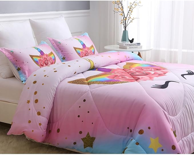 Unicorn Queen Bedding Sets for Girls Kids Comforter Set Queen Size with 2 Pillowcases Pink and Rainbow Unicorn Room Decor for Girls Bedroom Ultra Soft Machine Washable Toddler Bed Set