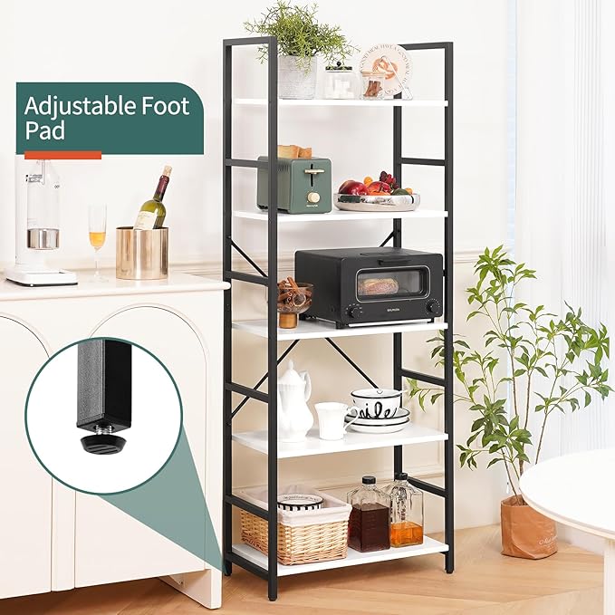 Yoobure 5 Tier Bookshelf - Tall Book Shelf Modern Bookcase for CDs/Movies/Books, Rustic Book Case Industrial Bookshelves Book Storage Organizer for Bedroom Home Office Living Room White
