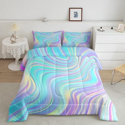 Pastel Rainbow Comforter Set with Pillowcase Abstract Wave Stripes 3D Printed Designs 2 Piece Bedroom Duvet Set Psychedelic Girl Bed Down Comforter for Kids Women Dorm Room (Twin,Coulourful Marble)