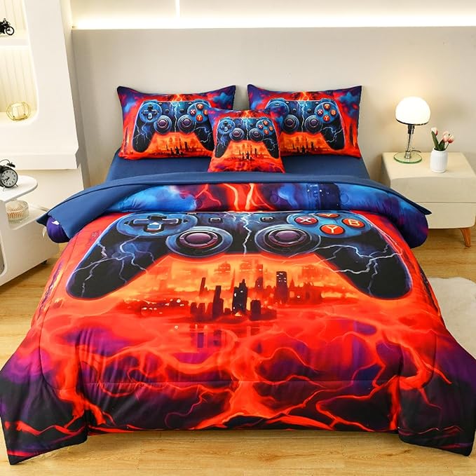 Game Console Full Comforter Set with Sheets, Microfiber 6 Pcs Bed in A Bag Full Size Gamer Bedding Set for Boys Kids Teens