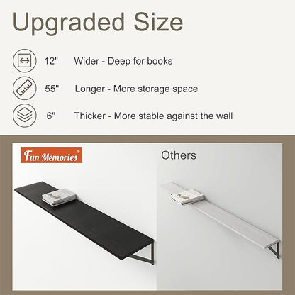 Fun Memories Deep Floating Shelves, 55W x 12D Floating Shelves for Wall, Wood Black Floating Shelf with Bracket, Wide Display & Storage Wall Shelves for Living Room, Bedroom,