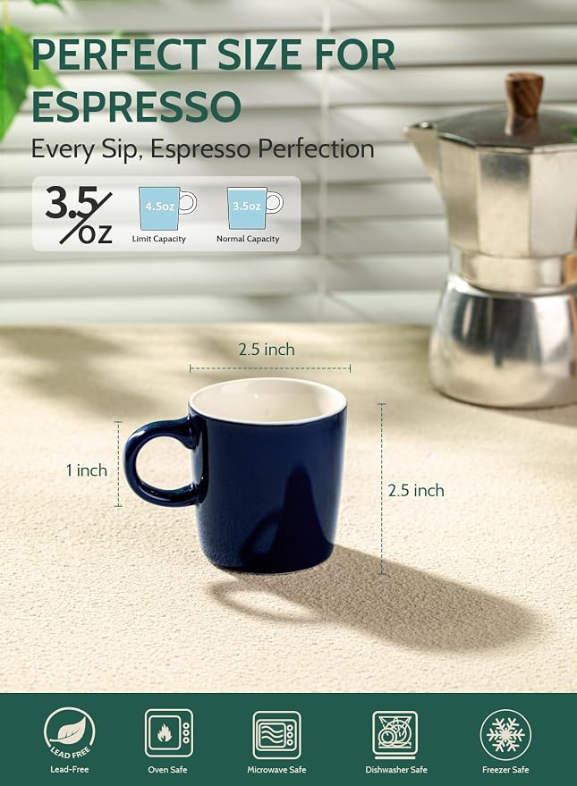 Sweese 3.5oz Porcelain Espresso Cups Set of 4, Mini Coffee Mugs Demitasse Cups - Navy