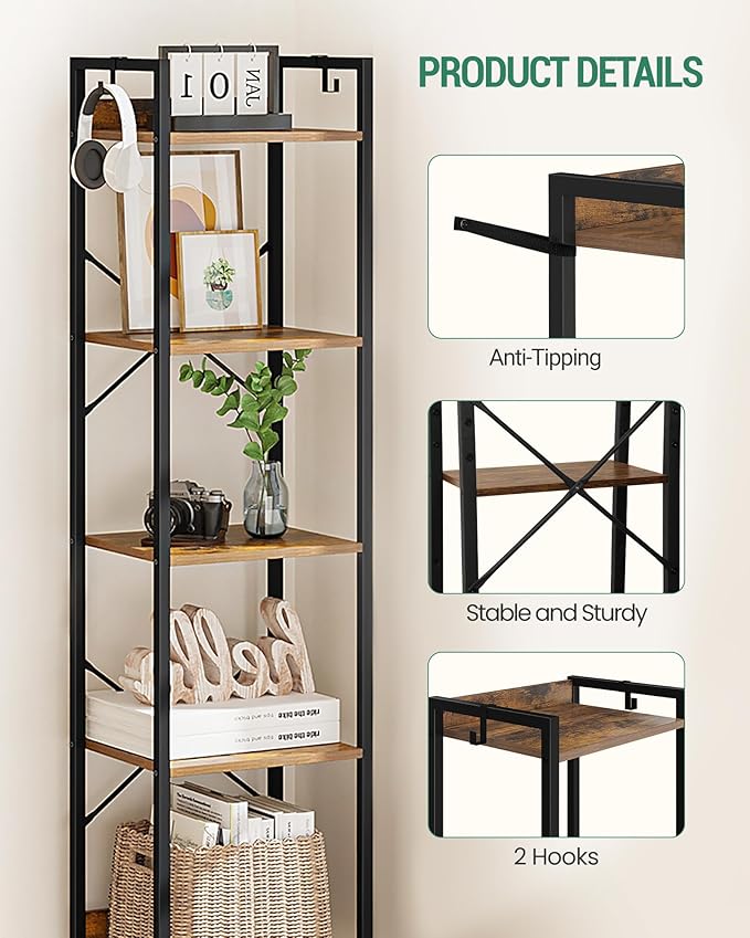 Bookshelf, Book Shelf, Industrial Bookcase with 2 Hooks, Coner Shelf Storage Organizer for Home Office, Living Room, Bedroom, Kitchen, 5-Tier Rustic Brown BC10501B