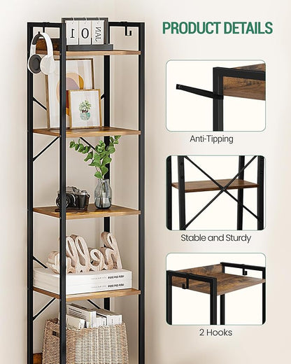 Bookshelf, Book Shelf, Industrial Bookcase with 2 Hooks, Coner Shelf Storage Organizer for Home Office, Living Room, Bedroom, Kitchen, 5-Tier Rustic Brown BC10501B