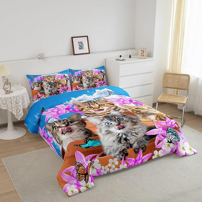 Feelyou Kids Cute Cat Bedding Set Cartoon Pet Cats Kittens Comforter Set Cat Lovers Animal Themed Comforter for Boys Girls Purple Floral Butterflies Print Comforter Room Decor King Size Boys