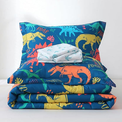 Wajade Boys Dinosaur Comforter Set Bed in A Bag Queen Size 7 Piece 3D Blue Dinosaur Print Bedding Set for Kids Teens(1 Comforter, 1 Flat Sheet, 1 Fitted Sheet, 2 Pillowcase and 2 Pillow Sham)