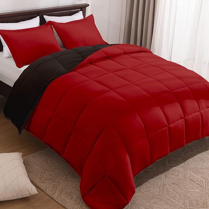 Basic Beyond King Size Comforter Set - Fluffy King Bed Comforter Set for All Seasons - Reversible Red Comforter Set King - 3 Pieces (1 Comforter + 2 Pillow Shams) - Red/Black