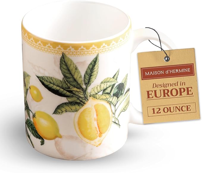 Maison d' Hermine Coffee Mug with Handles Tea Cups (12 Ounce, Pack of 1) | Fine Bone China Coffee Mugs for Hot Beverages Cappuccino Latte Home Restaurant Hotel Spring Summer -Limoncello - Combava