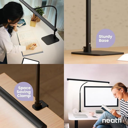 Neatfi LED Desk Lamp with Clamp and Base, Motion Sensor, Touch Control, 1100 Lumens, 5 Brightness Levels, 5 Light Modes, Steplessly Adjustable, 60-min Timer, Ideal for Home, Study, Reading (Black)