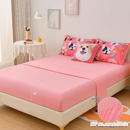 DORCAS Pink Girls Bedding Sets Full with Comforter and Sheets Cute Dog Comforter Set Full Girls,6 Pieces Animal Bedding Sets Full with Sheets for Kids