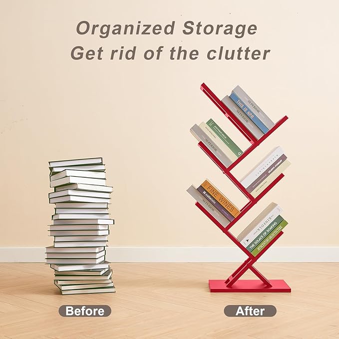 5 Tier Tree Bookshelf, Wisdom Tree Bookshelf, Modern Corner Book Shelfe, Small Bookshelf for Small Spaces, Utility Organizer for CDs/Books/Home Office/Living/Bedroom Room-Red