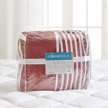 Comfort Spaces Twin XL Comforter Sets with Sheets - Bed in a Bag 6 Pieces Teen Bedding Sets Twin XL, Red and Grey Stripes Bedding Twin XL, College Twin XL Bed Set with 2 Side Pockets Bedroom Organizer