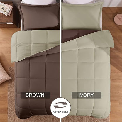 Basic Beyond Queen Comforter Set - Fluffy Comforter Queen Set for All Seasons - Reversible Comforter Set Queen Size for Mens - 3 Pieces (1 Comforter + 2 Pillow Shams) - Brown/Ivory