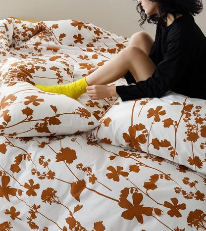 Botanical Comforter Set Full White and Pumpkin Floral Plant Bedding Comforter Set Girls Garden Pattern Printed on White Blanket Rustic Leaf Blossom Women White Farmhouse Comforter Full