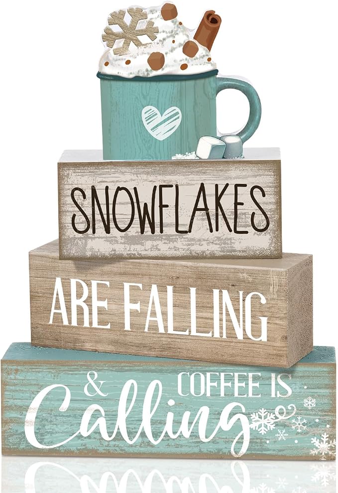 Moucuny 4 Pcs Winter Table Decor Wooden Milk Cocoa Decoration Winter Tiered Tray Centerpiece Decorative Blue Hot Cocoa Block Signs Gift Farmhouse Decoration for Home Kitchen