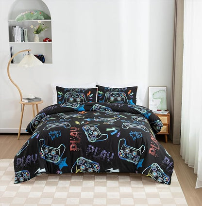 Meeting Story Gamer Gaming Bedding Sets Fluorescence Gamepad Comforter Set for Boys Games Console Action Buttons Novelty Colorful Modern Room Decor Home Quilt Set (Black, Twin)