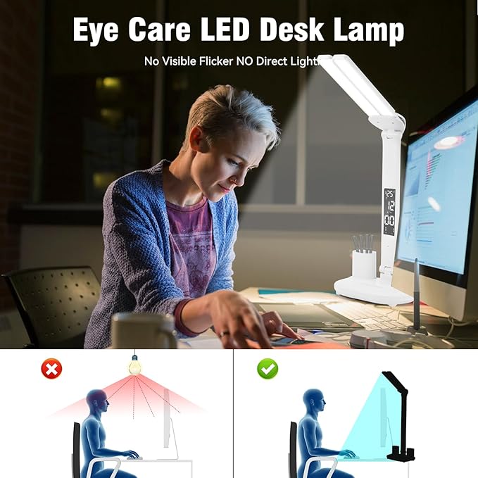 LED Desk Lamp Light with 2 Pen Holders, Time, Date, Temperature Display, Dimmable, 3 Color Modes, Touch Control, Foldable,Eye-Caring Table Lamp for Office Home Reading Study