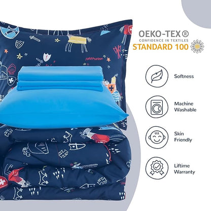 SLEEP ZONE 7 Pieces Kids Comforter Bed in A Bag, Soft Lightweight, Fluffy & Durable Children Bed Set with Comforter, Sheet, Pillowcase & Sham (Knight‘s Tale, Full/Queen)