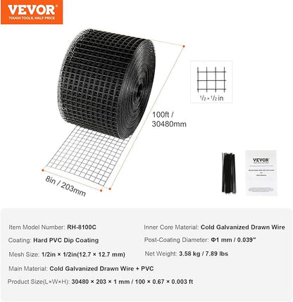 VEVOR 8inch x 98ft Critter Guard for Solar Panels, PVC Coated Wire Mesh Roll Kit with 50pcs Ties for Pigeon Deterrent, Bird, Squirrel Proof, Black