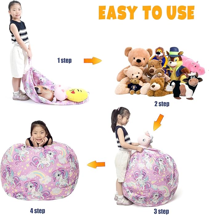 Stuffed Animal Storage Bean Bag Chair Cover, Hold Kids Plush Toys Blankets Towels Beanbag (Cover Only), Canvas Floor Circle Stuff Sit Seat Sofa with YKK Zipper, Large 32", Unicorn