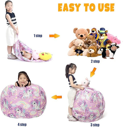 Stuffed Animal Storage Bean Bag Chair Cover, Hold Kids Plush Toys Blankets Towels Beanbag (Cover Only), Canvas Floor Circle Stuff Sit Seat Sofa with YKK Zipper, Large 32", Unicorn