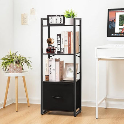 Yoobure Bookshelf, 4 Tier Book Shelf with Drawer, Small Bookcase Narrow Book Case, Industrial Bookshelves Shelf for Bedroom Living Room Office, Book Storage Organizer for CD/Movie Black