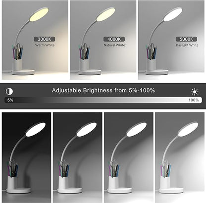Desk Lamp, LED Desk Lamp for Home Office, Touch Table Lamp with 3 Color Modes 360° Adjustable Arm, Dimmable Desk Light with Pen Phone Holder, White