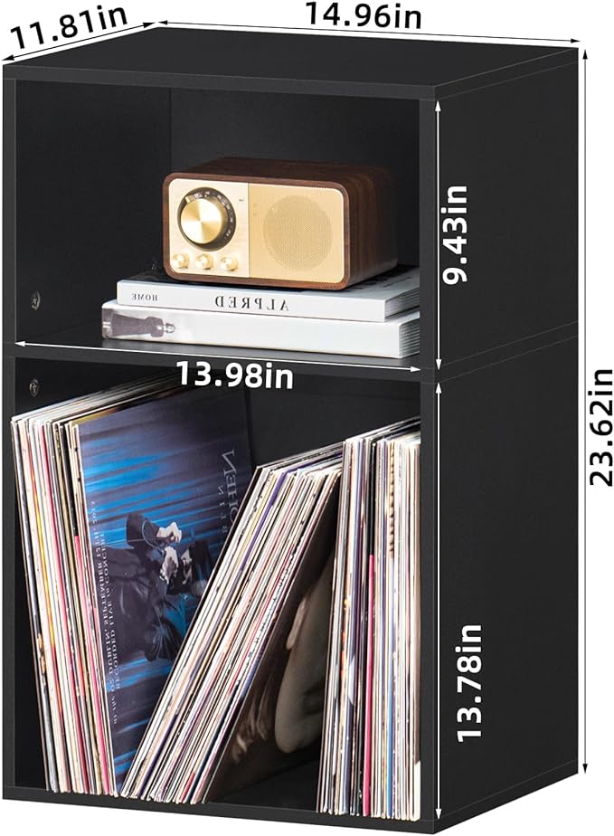 YAHARBO 2 Cube Bookshelf, Black Record Player Stand with Vinyl Storage Up to 100 Albums, Horizontal Book Shelf, Small Cubby Bookcase with Storage Organizer, Turntable Stand for Living Room, Bedroom