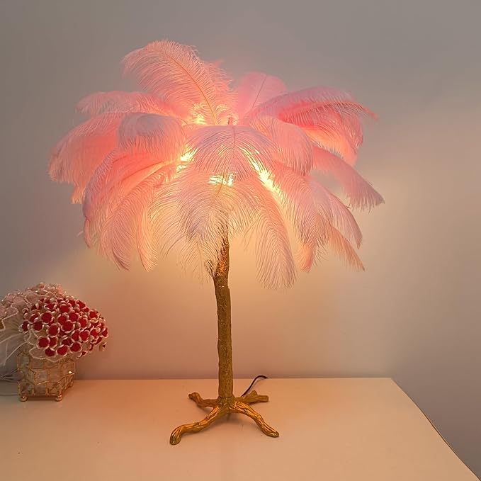 Ostrich Feather Desk Lamp Bedside Pink Cute Lamp Gold Resin Table Lamp, Coconut Tree Feather Lamp for Bedroom Living Room Hallway Wedding Girls Bedroom Night Light G4 Base
