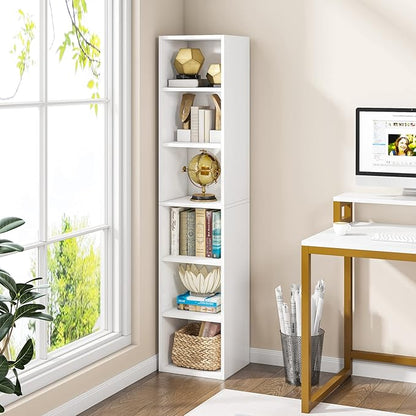 70.9 Inch Tall Narrow Bookcase, Corner Bookshelf 6 Tier Cube Display Shelf Storage Organizer for Small Space, White