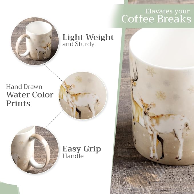 Maison d' Hermine Coffee Mug with Handles Tea Cups (15 Ounce, Pack of 2) | Fine Bone China Coffee Mugs for Hot Beverages Cappuccino Latte Home Restaurant Hotel Spring Summer -Deer In The Woods