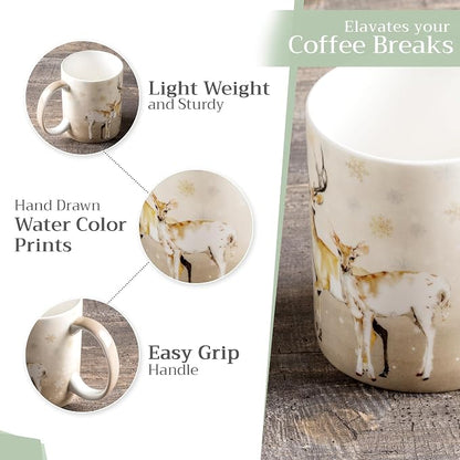 Maison d' Hermine Coffee Mug with Handles Tea Cups (15 Ounce, Pack of 2) | Fine Bone China Coffee Mugs for Hot Beverages Cappuccino Latte Home Restaurant Hotel Spring Summer -Deer In The Woods