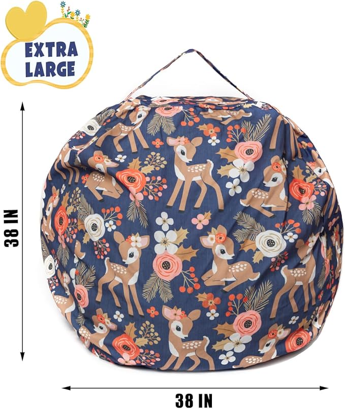 Stuffed Animal Storage Bean Bag Chair Cover, Hold Kids Plush Toys Blankets Towels Beanbag (Cover Only), Canvas Floor Circle Stuff Sit Seat Sofa with YKK Zipper, Extra Large 38", Fawn
