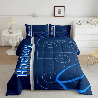 Feelyou Kids Ice Hockey Comforter Set Full Size Ice Sports Games Bedding Set for Boys Girls Teens Bedroom Decor Hockey Player Comforter Puck Hockey Duvet Set with 2 Pillow Case