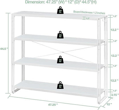 HCHQHS Bookshelf, 4-Tier Industrial Bookcase, White Open Book Shelf, Freestanding Tall Bookshelves with Metal Frame