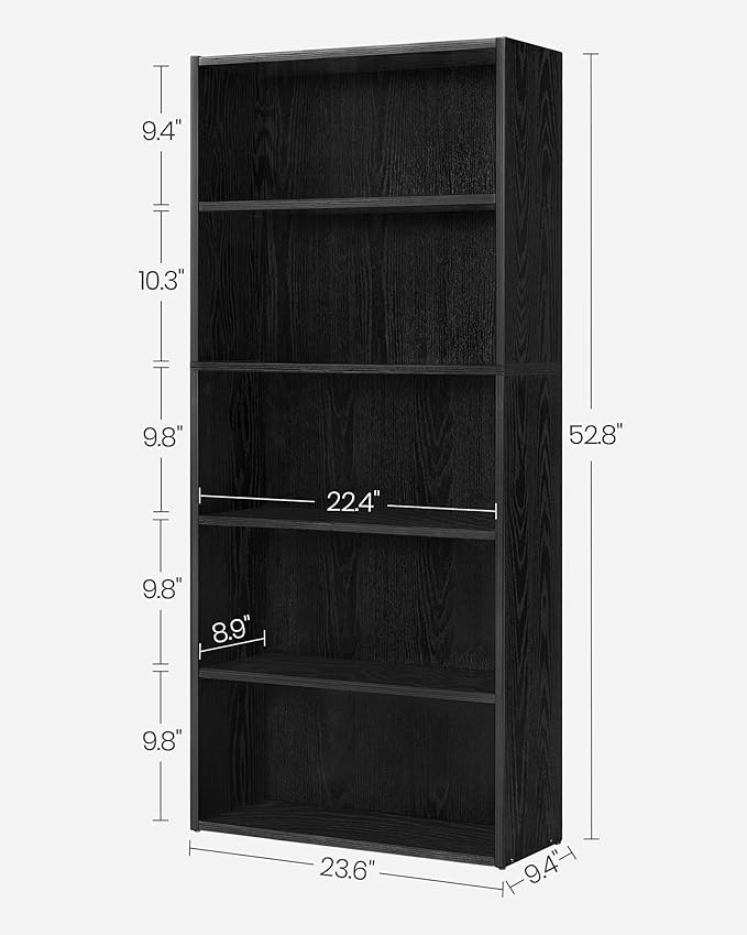 VASAGLE Bookshelf, 23.6 Inches Wide, 5-Tier Open Bookcase with Adjustable Storage Shelves, Floor Standing Unit, Ebony Black ULBC165T56